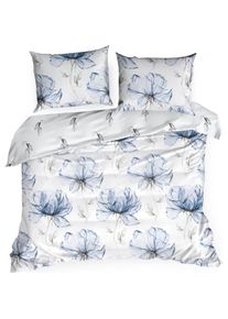 Eurofirany, Bettwäsche, Baumwollbettwäsche 220x200 cm, weiss, blau mit Blumenmuster SPRING 34 (Bettwäsche Set, 220 x 200 cm)