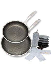 Hensslers Pfannen-Set »Kochbox Deluxe« Edelstahl Set, Pfanne 24 + 28 cm, Mikrofaser-Schwamm-Set 6 tlg., 2x Pfannen-Schoner, 10 Stk. tlg. Exklusives...
