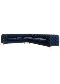 S-Style Möbel Ecksofa Chesterfield Lexi Marineblau Samt, langer Schenkel rechts , Textil , Echtholz,Buche, Birke , Eckteil, L-Form, Ottomane links,L-Form , 323x264 cm , Blauer Engel, FSC Mix, Oeko-Tex®, Hergestellt in Europa , Wohnzimmer, Sofas & Couches, Wohnlandschaften, Ecksofas