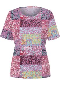 Dames Shirt met korte mouwen en patchworkprint pink/citroen bedrukt Maat 40