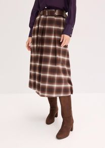 bonprix Spódnica z zakładkami w kratę i pasek (2 części), brązowy, 40