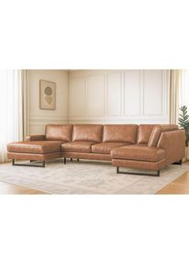 Home Affaire, Wohnlandschaft &raquo;Pinto, 350 cm, U-Form, XXL, mit Ottomanen&laquo; Cord, Chenille, Lederoptik, mit Keder, Metallf&uuml;&szlig;e, Wellenunterfederung, 