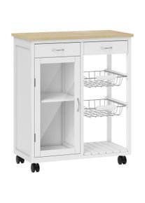 HOMCOM Kitchen trolley with wheels, kitchen island with bamboo top, glass door, 67 x 35 x 80 cm, white | Aosom Ireland