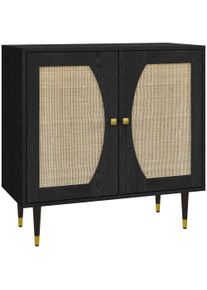 HOMCOM Bohemian kitchen sideboard storage cabinet, double doors with 2 shelves, rattan front, 80 x 38 x 79 cm, black | Aosom Ireland
