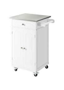 HOMCOM Kitchen trolley serving cart on wheels multi-storage 1 drawer 2-door cabinet with shelf towel holder MDF white stainless steel | Aosom Ireland