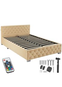 TecTake Cama tapizada con tiras LED y espacio de almacenamiento 140 x 200 cm beige - 405976