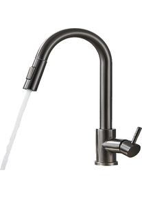 KLARWERK JANA | Rubinetto da cucina estensibile Premium in acciaio inox grigio titanio miscelatore arco alto | alta pressione ruotabile a 360&deg; 2