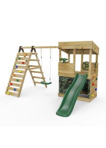 REBO Lookout Tower Playhouse with Single Swing and Climbing Wall plus Slide - Ascent Camouflage