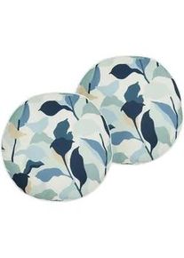 Beliani Gartenkissen 2er-Set Blattmotiv blau/weiß 40 cm Veglino , Textil , Füllung: Polyester , Rund , 40x40 cm , Gartenmöbel, Gartenpolster & Auflagen, Gartenkissen