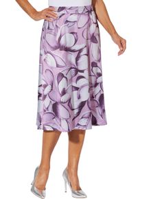 Dames Comfortrok van satijn ecru/aubergine bedrukt Maat 52