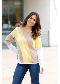 Damen Ajourpullover mit Intarsien-Strickmuster wei&szlig;-zitrone-gemustert Gr&ouml;&szlig;e 50
