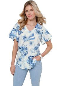 Damen Kurzarm-Bluse in pflegeleichter Qualit&auml;t eisblau-champagner-bedruckt Gr&ouml;&szlig;e 54