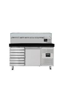 Mesa refrigerada para pizza, 1 puerta, 7 cajones masa, acero inox.,, mármol negro, 390 L, EN 60 x 40 cm, vitrina de ingredientes GN 1/3, Vaiotec 11266