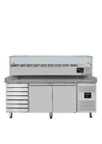 Mesa refrigerada para pizza, 2 puertas, 7 cajones masa, acero inox., mármol gris, 580 L, EN 60 x 40 cm, vitrina de ingredientes GN 1/3, Vaiotec 11262