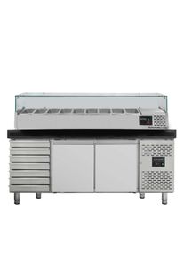 Mesa refrigerada para pizza, 2 puertas, 7 cajones masa, acero inox., mármol negro, 580 L, EN 60 x 40 cm, vitrina de ingredientes GN 1/3, Vaiotec 11270
