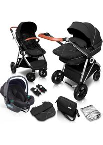 BABYGO Kombi-Kinderwagen »Halime AIR 3in1« mit Luftreifen, inkl. Babywanne, Babyschale, Regenhaube & Wickeltasche in schwarz