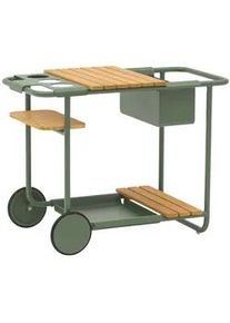 Zebra Garten-Servierwagen , Salbeigrün , Holz, Metall , Teakholz , rechteckig , Rundrohr, Rollen , 51.5x68x90.5 cm , abnehmbares Tablett, Flaschenfach , Gartenmöbel, Gartentische, Garten-Beistelltische