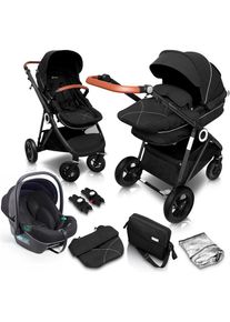 BABYGO , Kombi-Kinderwagen »Halime AIR 3in1« mit Luftreifen, inkl. Babywanne, Babyschale, Regenhaube & Wickeltasche , Anthracite Black