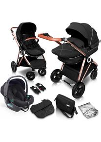 BABYGO , Kombi-Kinderwagen »Halime AIR 3in1« mit Luftreifen, inkl. Babywanne, Babyschale, Regenhaube & Wickeltasche , Anthracite Gold