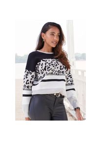 Lascana, Rundhalspullover mit Leomuster, lockerer Strickpullover mit modischem Mustermix, grau-schwarz, 36/38, Rundhalspullover