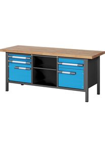 H&ouml;henverstellbare Werkbank, Gestellbauweise, 3 Schubladen, 2 T&uuml;ren, 2 Ablageb&ouml;den, Breite 2000 mm, anthrazit / blau eurokraft pro
