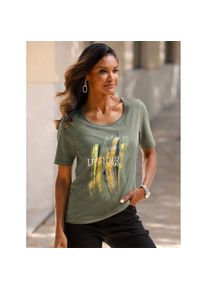 Classic Basics , Damen , Kurzarmshirt »Rundhals-Shirt«, 1 Stk. , khaki-limone , 40 , 40 , effektvoller Glitzer-Print