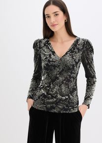 bonprix Női Hosszú ujjú póló Dévoré bársonyból, fekete, 52/54