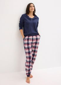 Pyjama avec haut côtelé à encolure boutonnée - bleu - taille 50/52 (XL) - Bas: 100% coton,Haut: Matière côtelée - bonprix