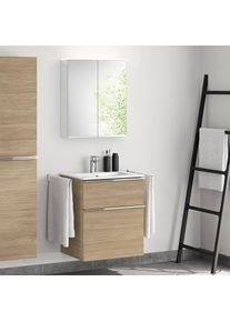 evineo ineo4 Meuble bas l: 61 cm, 2 tiroirs, avec poignée, vasque blanche, avec armoire de toilette,, BE0834WH+BE0200OA+BEA001MI+BL001197,