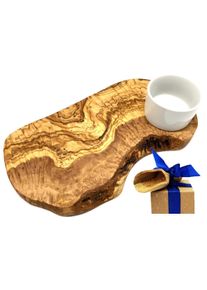 Olivenholz-Erleben Schneidebrett »Burgerbrett rustikal Olivenholz 30-34 cm inkl. Dipschale« Dipschale für sauberes Servieren – verhindert...