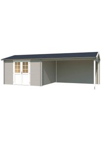 Lasita Maja Gartenhaus »Amarillo« Blochbohlenhaus 28mm Anbau, Fundamentmass 3300x3300+3800, Lichtgrau in grau