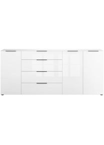 Manjana Möbel , Sideboard »Kommode mit Chrom oder Schwarz matten Metallgriffen« , weiß matt - Weißglas - Metall schwarz matt