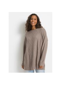 bonprix, Damen, Strickpullover Oversize-Pullover mit Zopfmuster, taupe meliert, 52/54 (XXL), taupe meliert, Oversize-Strickpullover mit auff&auml;lligem 