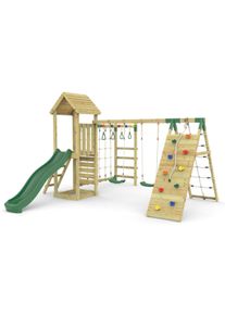 REBO Climbing Frame with Double Swing and Slide plus Climbing Wall and Ninja Monkey Bars - Dolomite