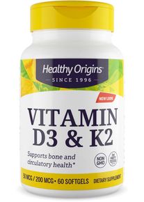 Healthy Origins Vitamin D3 & K2 - 50 mcg/200 mcg, 60 Softgels