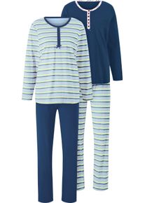 wäschepur Damen Schlafanzüge aus reiner Baumwolle jeansblau + jeansblau-geringelt Größe 40/42
