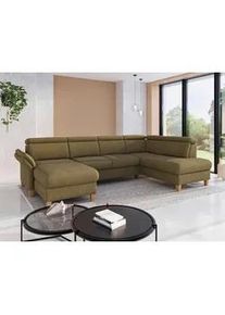 Sit & More Sit & More Wohnlandschaft , Olivgrün , Textil , Eiche , massiv , Ottomane rechts, U-Form , 321x193 cm , Goldenes M, Oeko-Tex® Standard 100, Made in Europe, DGM-Klimapakt , Rücken echt, Armteil links , Wohnzimmer, Sofas & Couches, Wohnlandschaften, Wohnlandschaften in U-Form