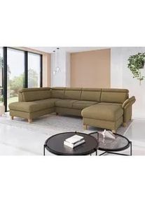 Sit & More Sit & More Wohnlandschaft , Olivgrün , Textil , Eiche , massiv , Ottomane links, U-Form , 321x193 cm , Goldenes M, Oeko-Tex® Standard 100, Made in Europe, DGM-Klimapakt , Rücken echt, Armteil rechts , Wohnzimmer, Sofas & Couches, Wohnlandschaften, Wohnlandschaften in U-Form