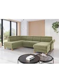 Sit & More Sit & More Wohnlandschaft , Hellgrün , Textil , Eiche , massiv , Ottomane links, U-Form , 321x193 cm , Goldenes M, Oeko-Tex® Standard 100, Made in Europe, DGM-Klimapakt , Rücken echt, Armteil rechts , Wohnzimmer, Sofas & Couches, Wohnlandschaften, Wohnlandschaften in U-Form