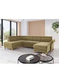 Sit & More Sit & More Wohnlandschaft , Olivgrün , Textil , Eiche , massiv , Ottomane links, U-Form , 321x193 cm , Goldenes M, Oeko-Tex® Standard 100, Made in Europe, DGM-Klimapakt , Rücken echt, Armteil rechts , Wohnzimmer, Sofas & Couches, Wohnlandschaften, Wohnlandschaften in U-Form