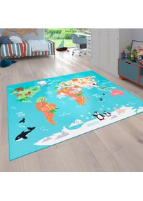Paco Home Kinderteppich »Bino 564« rechteckig 4 mm Höhe Kurzflor, Motiv Weltkarte, Kinderzimmer in blau