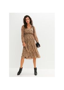 bonprix , Damen , Chiffonkleid , camel/schwarz leo bedruckt , N-Gr , 40 -N-Gr , 40 , Chiffonkleid mit modischem Smockeinsatz für einen trendigen Look