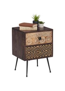 Landscape Nachtkästchen , Mehrfarbig, Dunkelbraun , Metall , Mangoholz , massiv , 2 Schubladen , 40x55x35 cm , FSC , Schlafzimmer, Nachtkästchen