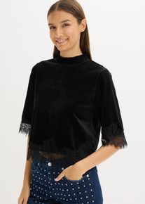 bonprix Femei Bluză din catifea cu dantelă, negru, 40/42