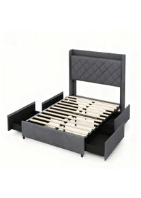 Costway Letto Matrimoniale con Luci LED, Letto Imbottito con Base di Ricarica, 2 Tasche di Archiviazione e 4 Cassetti