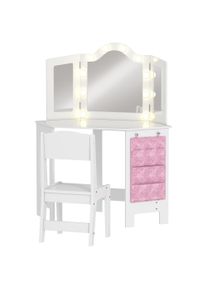 AIYAPLAY Kids Dressing Table and Stool Set, Girls Vanity Table with 2-Color LED Lights, Tri-Folding Mirror, White | Aosom Ireland