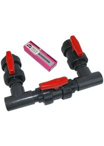 Bypass-Set mit 3x 2-Wege-Kugelhahn inkl. T-Stücke für Ø 50mm Festverrohrung oder 32/38mm Poolschlauch, unverklebt, inkl. Poolrohr, Kleber, Griffe rot