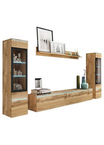 P & B Wohnwand, Eiche Wotan, Kunststoff, 4-teilig, 6 F&auml;cher, kaltwei&szlig;, 240x130x33 cm, Fsc, Made in EU, stehend, h&auml;ngend, Beleuchtung, in verschiedenen Holzdekoren erh&auml;ltlich, Wohnzimmer, Wohnw&auml;nde, Komplette Wohnw&auml;nde