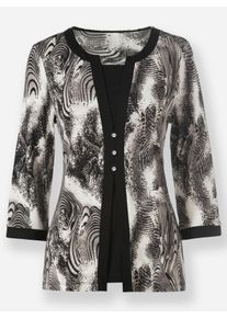 Dames 2-in-1-shirt met sierknopen in zwart/ecru geprint ,maat 40, WITT, 95% Viscose, 5% Elastan