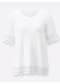 Dames Shirt met ronde hals en kanten boord in ecru ,maat 36, WITT, 95% Viscose, 5% Elastan
